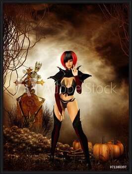 Ingelijste poster Goth girl in cemetary on halloween night